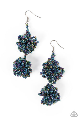 Strands of oil spill seed beads delicately knot into an elegantly clustered lure, creating a stellar modern look. Earring attaches to a standard fishhook fitting.