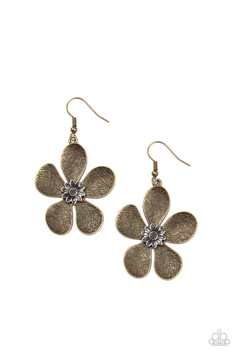 Rustically etched brass petals bloom from a silver floral adorned center, creating a whimsical display. Earring attaches to a standard fishhook fitting.