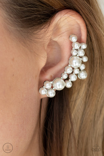 A collection of bubbly white pearls dot a shiny silver frame that branches up the ear for a modern, timeless twist. Earring attaches to a standard post fitting. Features a clip-on fitting at the top for a secure fit.  Sold as one pair of ear crawlers.  New Kit New Kit