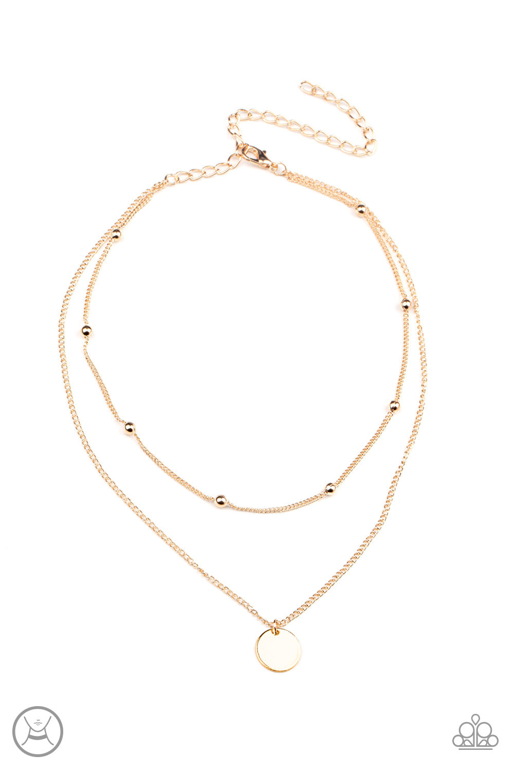 Infused with a gold beaded chain, a dainty gold disc slides along a classic gold chain around the neck, creating sleek layers. Features an adjustable clasp closure.  Sold as one individual choker necklace. Includes one pair of matching earrings.  New Kit Choker