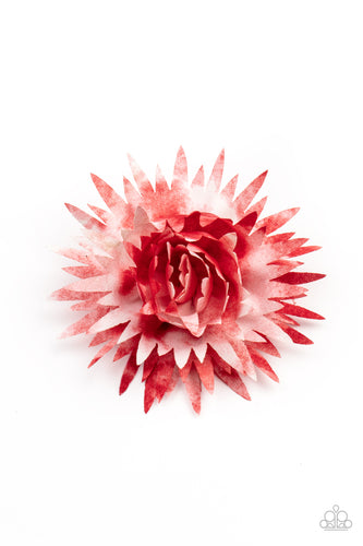 Featuring red tie dye accents, boisterous petals bloom into a bouncy blossom. Features a standard hair clip on the back.  Sold as one individual hair clip.