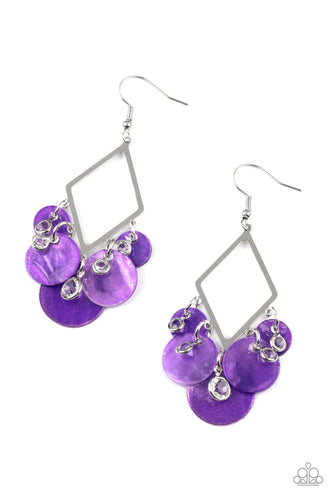 Gradually increasing in size, a glimmering collection of glassy white rhinestones and vivacious purple shell-like discs cascade from the bottom of a diamond shaped silver frame, creating a flirtatious fringe. Earring attaches to a standard fishhook fitting.  Sold as one pair of earrings.