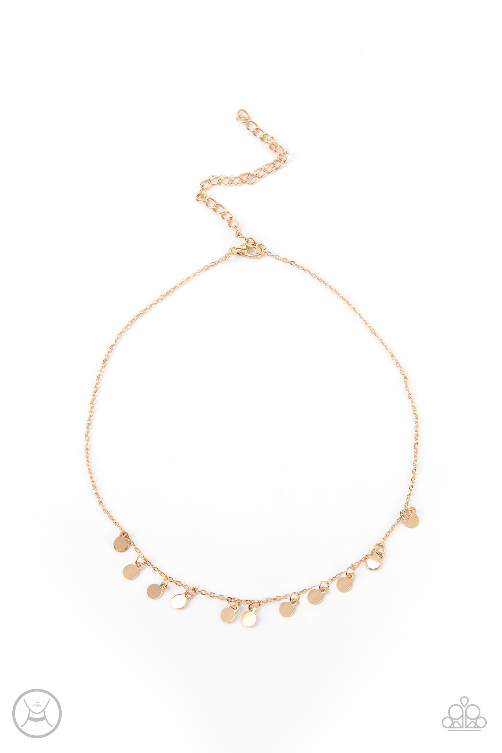 Dainty gold discs swing from a glistening gold chain, creating a shimmery fringe around the neck. Features an adjustable clasp closure.  Sold as one individual choker necklace. Includes one pair of matching earrings.  New Kit Choker