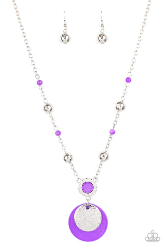 A dainty collection of ornate silver beads and purple stone beads dot a dainty silver chain, giving way to a hammered silver ring featuring a shell-like center. A hammered silver disc and purple shell-like disc swing from the bottom, creating a summery pendant. Features an adjustable clasp closure.  Sold as one individual necklace. Includes one pair of matching earrings.