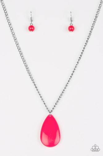 A vivacious pink teardrop pendant swings from the bottom of a lengthened silver chain, adding a perfect pop of color to any outfit. Features an adjustable clasp closure.