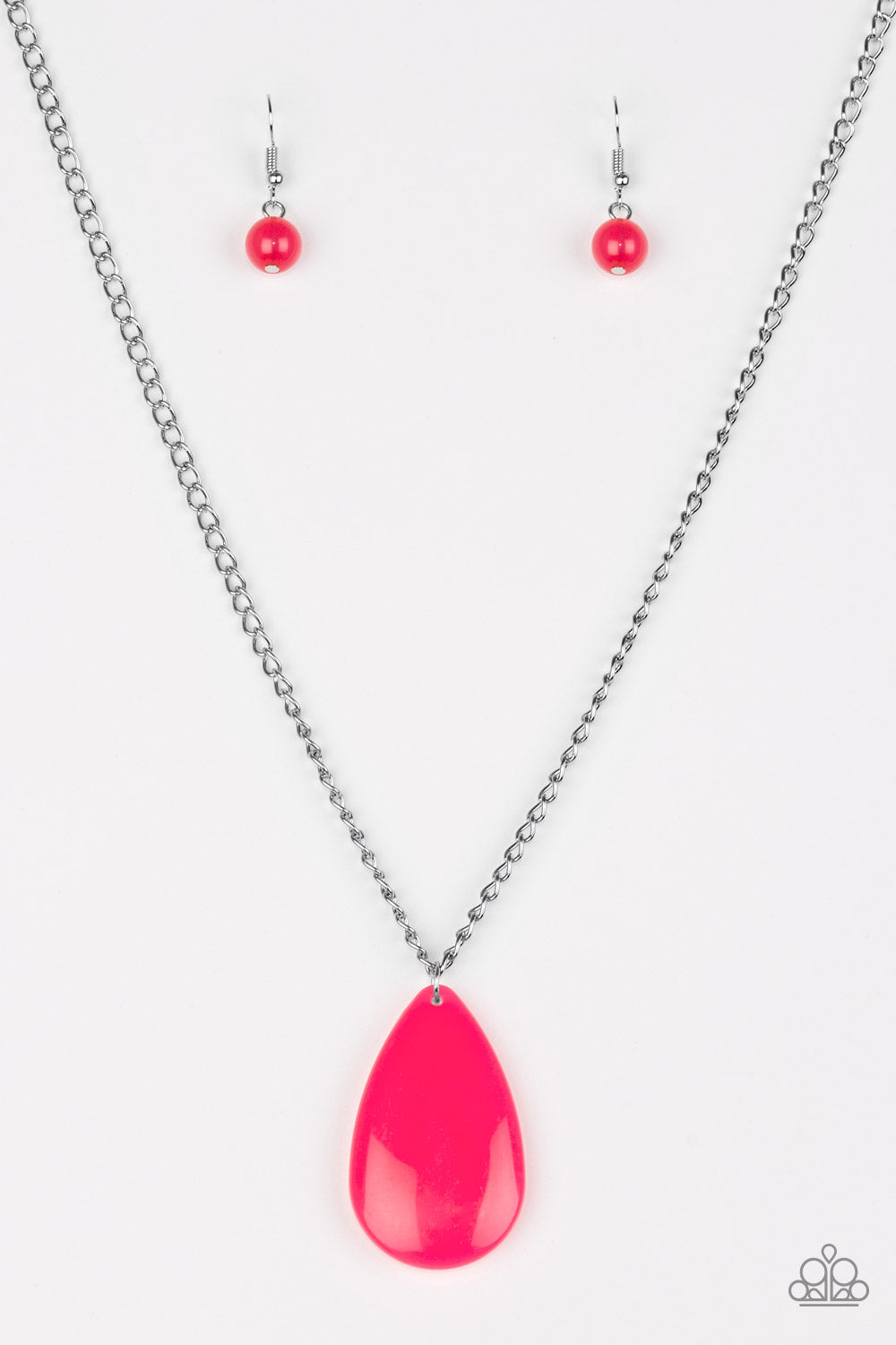 A vivacious pink teardrop pendant swings from the bottom of a lengthened silver chain, adding a perfect pop of color to any outfit. Features an adjustable clasp closure.