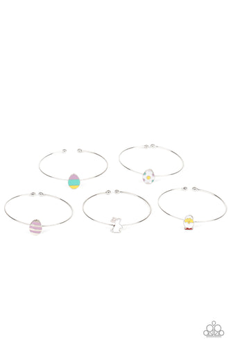 The Easter inspired dainty cuffs feature a rabbit, chick, and colorful Easter egg frames.