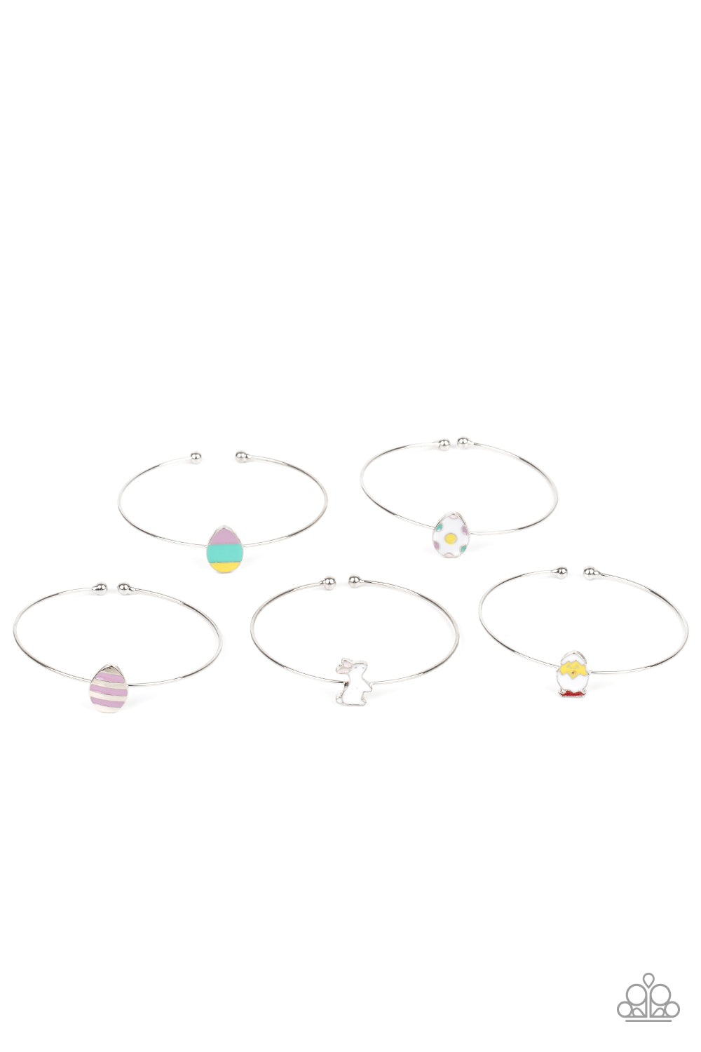 The Easter inspired dainty cuffs feature a rabbit, chick, and colorful Easter egg frames.