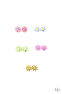 Ten pairs of earrings in assorted colors and shapes to be retailed at $1 per pair. The colorful floral frames vary in shades of green, pink, yellow, blue, and purple. Earrings attach to standard post fittings.