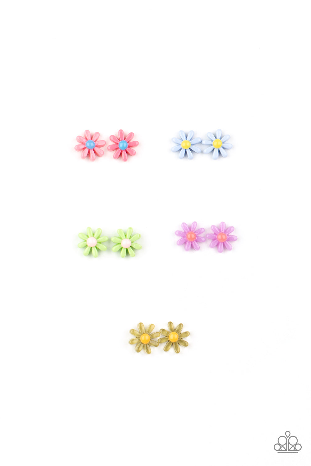 Ten pairs of earrings in assorted colors and shapes to be retailed at $1 per pair. The colorful floral frames vary in shades of green, pink, yellow, blue, and purple. Earrings attach to standard post fittings.