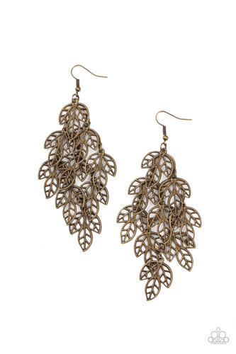 Brushed in a rustic finish, trios of brass leaves cascade from a metallic netted backdrop, creating a seasonal tassel. Earring attaches to a standard fishhook fitting.  Sold as one pair of earrings.