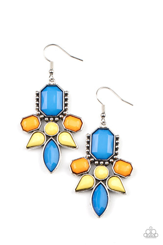 Featuring regal emerald, classic round, and tranquil teardrop shapes, a faceted collection of French Blue, Marigold, and Illuminating beads coalesce into a vibrant frame. Earring attaches to a standard fishhook fitting.  Sold as one pair of earrings.