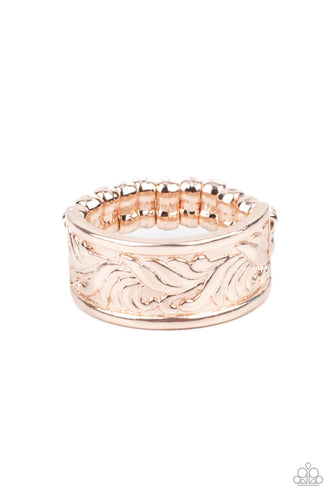 Embossed in a billowy pattern, a dainty rose gold band curls around the finger for a simple and refined fashion. Features a dainty stretchy band for a flexible fit.