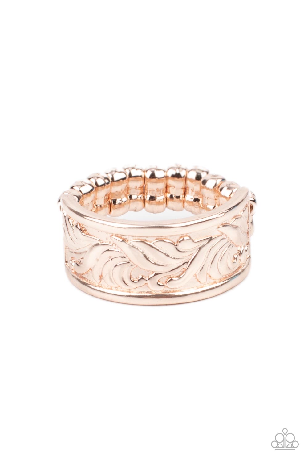 Embossed in a billowy pattern, a dainty rose gold band curls around the finger for a simple and refined fashion. Features a dainty stretchy band for a flexible fit.