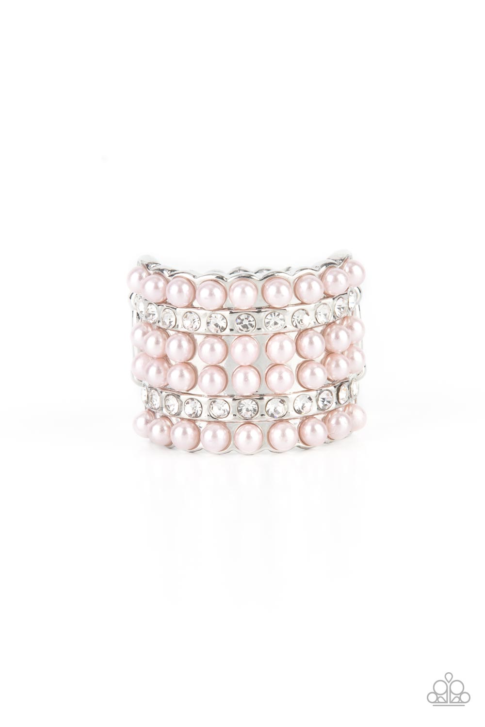 Dainty rows of bubbly pink pearls and glassy white rhinestones alternate across the front of a thick silver band, creating a vintage inspired statement piece. Features a stretchy band for a flexible fit. 