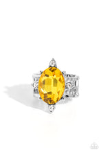 Load image into Gallery viewer, Featuring silver prongs and glassy white rhinestones, an oversized yellow oval gem sits atop two glistening silver bands for a sensational finish. Features a stretchy band for a flexible fit.
