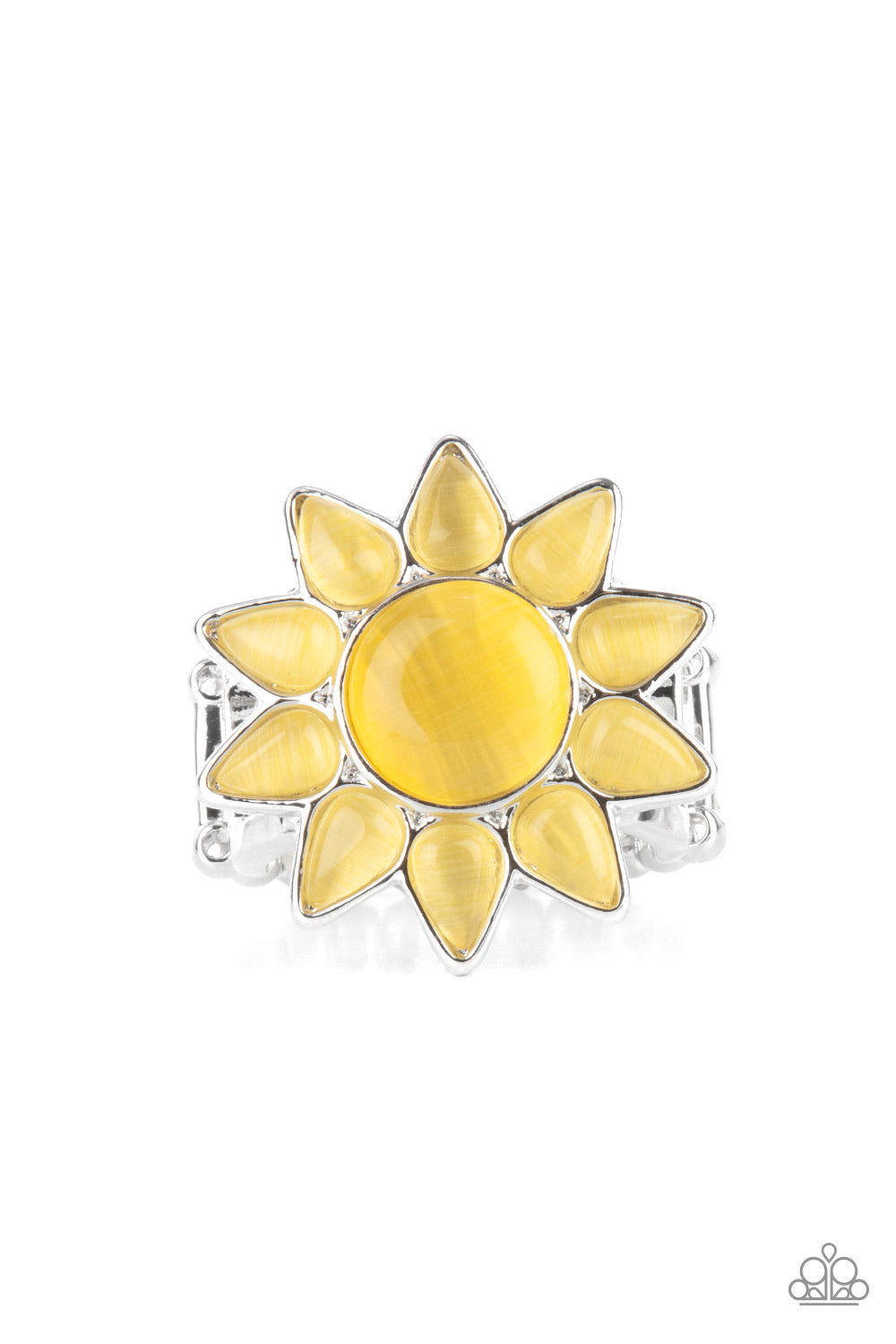 Dainty teardrop yellow cat's eye stones bloom from a round yellow cat's eye stone center, creating a sunny blossom atop the finger. Features a stretchy band for a flexible fit. 