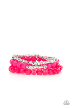 Load image into Gallery viewer, Infused with a strand of round and faceted silver beads, faceted rows of solid and opaque pink cube beads are threaded along stretchy bands, wrapping around the wrist for a vivacious pop of color.
