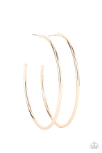 Load image into Gallery viewer, Featuring a high sheen, a polished gold hoop stands out in a mega way creating a trendy display as it wraps around the ear. Earring attaches to a standard post fitting. Hoop measures approximately 3&quot; in diameter. 
