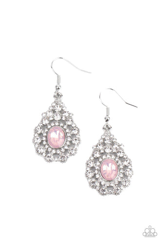 Bordered in a ring of dainty white rhinestones, an opalescent pink gem adorns the center of a teardrop frame radiating with glassy white rhinestones for an ethereally elegant look. Earring attaches to a standard fishhook fitting.