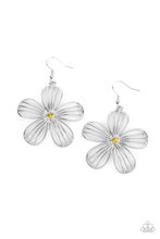 Load image into Gallery viewer, Dotted with a dainty yellow rhinestone, airy silver petals streaked with linear bars bloom into an enchanting floral frame. Earring attaches to a standard fishhook fitting.
