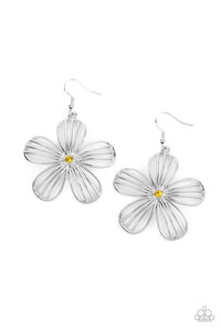 Dotted with a dainty yellow rhinestone, airy silver petals streaked with linear bars bloom into an enchanting floral frame. Earring attaches to a standard fishhook fitting.