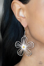 Load image into Gallery viewer, Dotted with a dainty yellow rhinestone, airy silver petals streaked with linear bars bloom into an enchanting floral frame. Earring attaches to a standard fishhook fitting.
