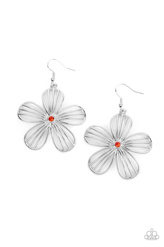 Dotted with a dainty orange rhinestone, airy silver petals streaked with linear bars bloom into an enchanting floral frame. Earring attaches to a standard fishhook fitting.