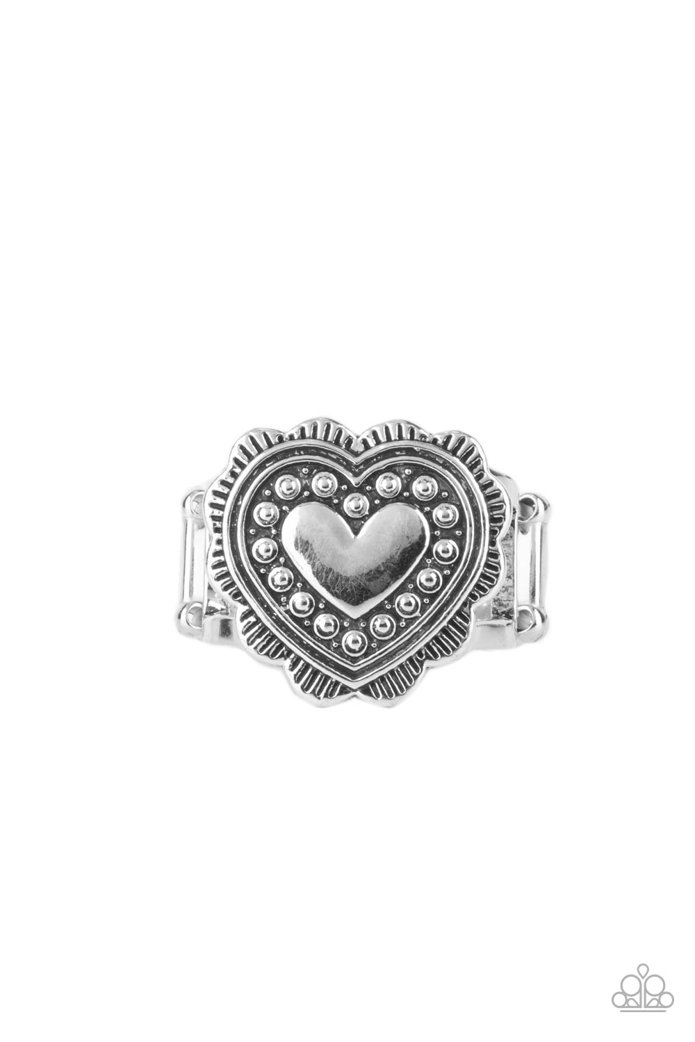 Scalloped in frilly detail, a studded silver heart frame sits atop two rustic silver bands for a romantically rustic look. Features a stretchy band for a flexible fit. 