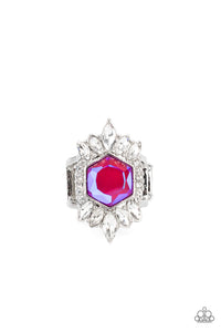 Featuring a radiant UV shimmer, a hexagonal pink rhinestone is pressed into the center of round and marquise cut white rhinestones that dramatically coalesce into an out-of-this-world centerpiece atop the finger. Features a stretchy band for a flexible fit.