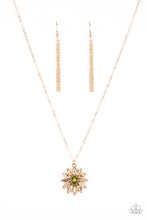 Load image into Gallery viewer, Golden champagne marquise cut rhinestones fan out from an oval green rhinestone center, creating a fabulous floral pendant at the bottom of a dainty gold chain. Features an adjustable clasp closure.
