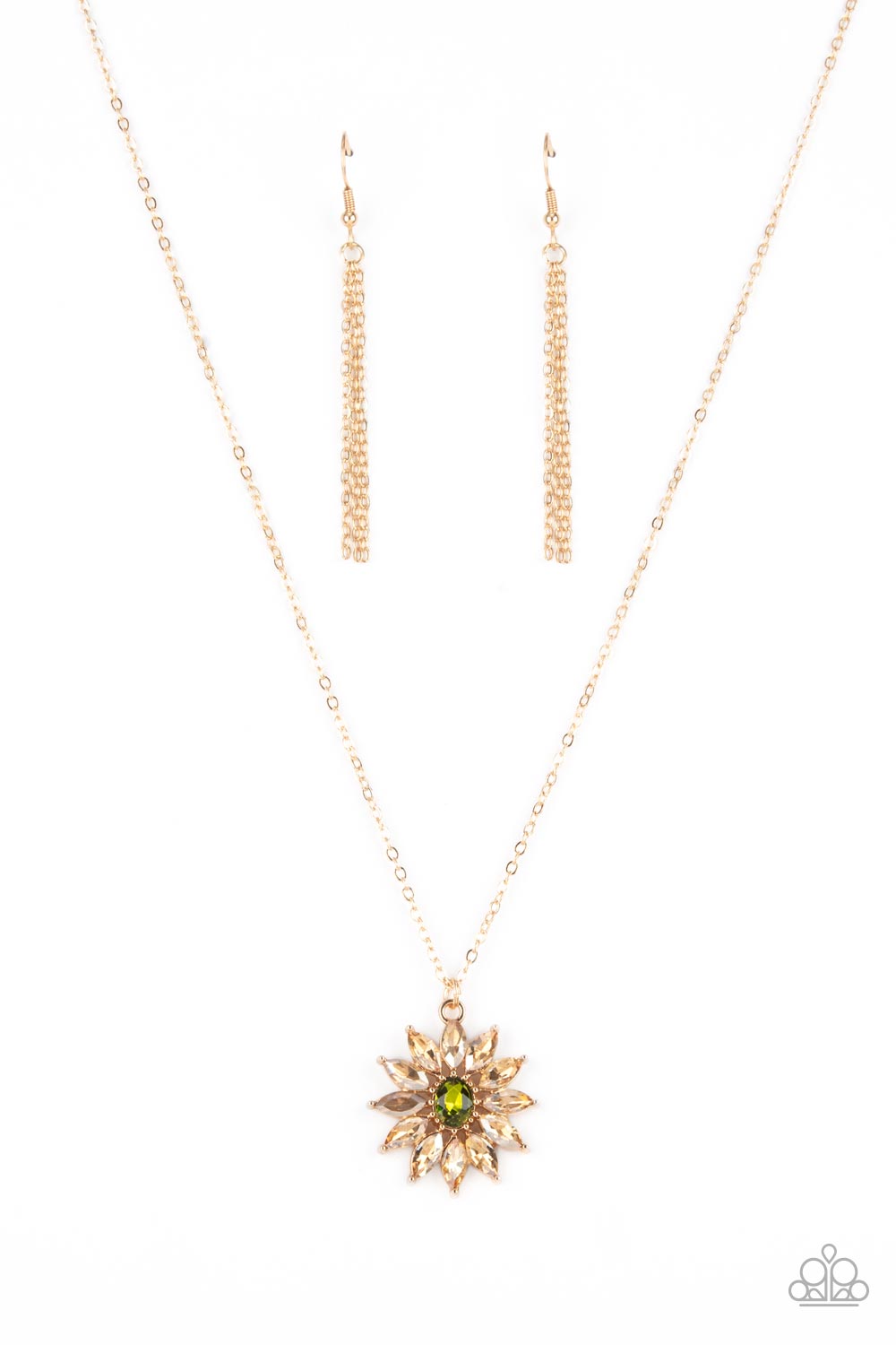 Golden champagne marquise cut rhinestones fan out from an oval green rhinestone center, creating a fabulous floral pendant at the bottom of a dainty gold chain. Features an adjustable clasp closure.