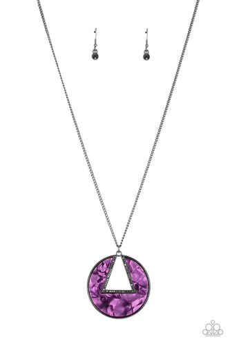 An airy hematite encrusted triangular frame is pressed into a gunmetal ring adorned in a purple shell-like frame. The colorful pendant swings from the bottom of a classic gunmetal chain, creating a modern display. Features an adjustable clasp closure.