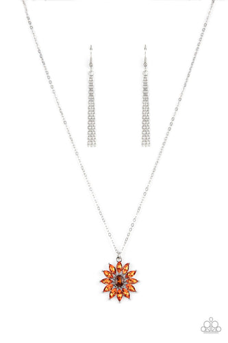 Glittery orange marquise cut rhinestones fan out from an oval topaz rhinestone center, creating a fabulous floral pendant at the bottom of a dainty silver chain. Features an adjustable clasp closure. 
