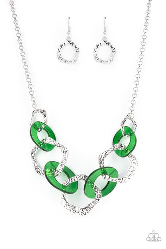 An asymmetrical assortment of Leprechaun acrylic rings and hammered silver hoops boldly interlock below the collar, creating an intense pop of color. Features an adjustable clasp closure.