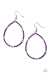 Broken up with sections of black and white seed beads, a dainty collection of purple seed beads are threaded along an invisible wire, creating a colorful teardrop. Earring attaches to a standard fishhook fitting. 