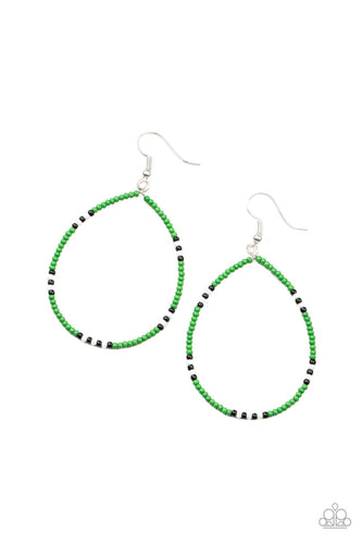 Broken up with sections of black and white seed beads, a dainty collection of Leprechaun seed beads are threaded along an invisible wire, creating a colorful teardrop. Earring attaches to a standard fishhook fitting.