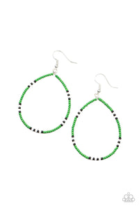 Broken up with sections of black and white seed beads, a dainty collection of Leprechaun seed beads are threaded along an invisible wire, creating a colorful teardrop. Earring attaches to a standard fishhook fitting.
