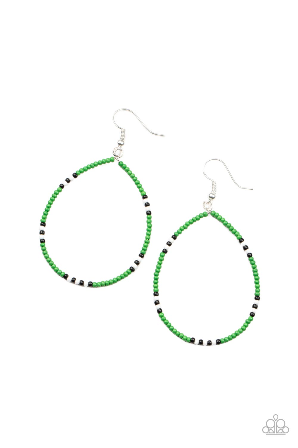 Broken up with sections of black and white seed beads, a dainty collection of Leprechaun seed beads are threaded along an invisible wire, creating a colorful teardrop. Earring attaches to a standard fishhook fitting.