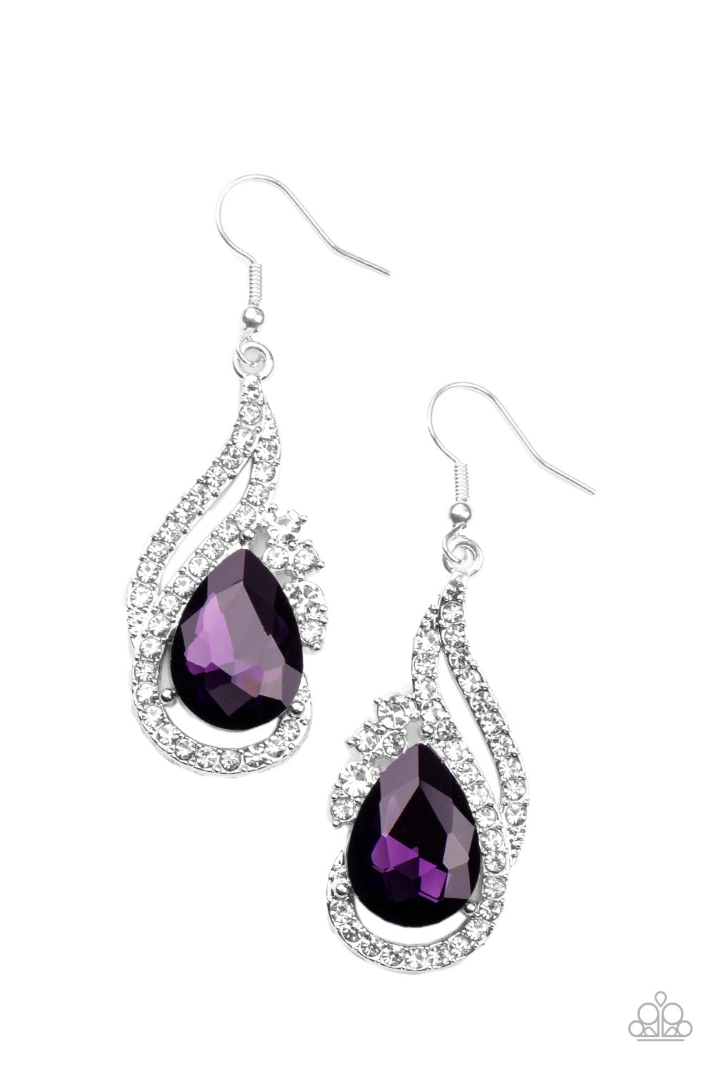 White rhinestone encrusted silver bars delicately whirl around an oversized purple teardrop gem, creating a sparkly lure. Earring attaches to a standard fishhook fitting.