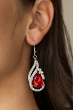 Load image into Gallery viewer, White rhinestone encrusted silver bars delicately whirl around an oversized red teardrop gem, creating a fiery lure. Earring attaches to a standard fishhook fitting.
