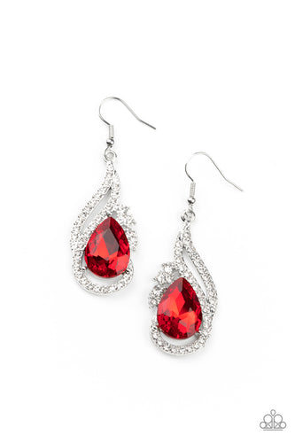 White rhinestone encrusted silver bars delicately whirl around an oversized red teardrop gem, creating a fiery lure. Earring attaches to a standard fishhook fitting.