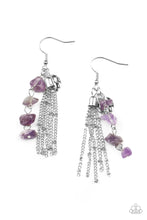 Load image into Gallery viewer, A hammered silver disc, silver chain tassel, and strand of raw cut amethyst rock beads delicately stream from the ear, creating an earthy fringe. Earring attaches to a standard fishhook fitting.
