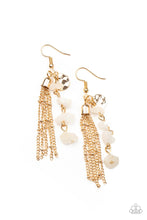 Load image into Gallery viewer, A hammered gold disc, gold chain tassel, and strand of raw cut white rock beads delicately stream from the ear, creating an earthy fringe. Earring attaches to a standard fishhook fitting. 
