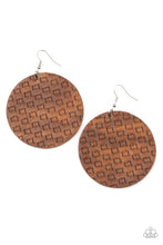 Load image into Gallery viewer, Featuring a faux woven pattern a leathery brown frame swings from the ear for an earthy artisan fashion. Earring attaches to a standard fishhook fitting. 
