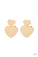 Load image into Gallery viewer, Delicately scratched in shimmer, a dainty gold heart frame delicately links with a larger gold heart frame for a flirtatiously layered look. Earring attaches to a standard post earring.
