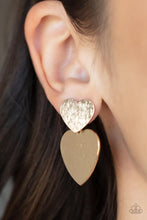 Load image into Gallery viewer, Delicately scratched in shimmer, a dainty gold heart frame delicately links with a larger gold heart frame for a flirtatiously layered look. Earring attaches to a standard post earring.
