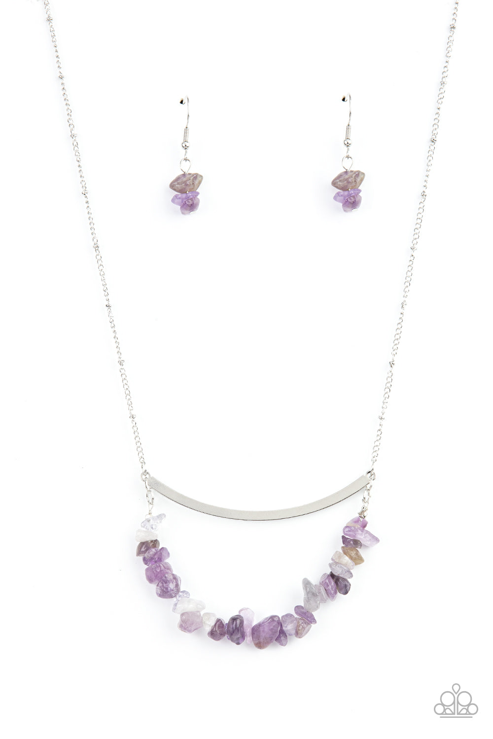 A row of raw cut amethyst rocks are threaded along a dainty wire that bows at the bottom of a curved silver bar, creating an earthy pendant. The colorfully stacked frame swings from the bottom of a lengthened silver satellite chain for a glamorously grounding effect. Features an adjustable clasp closure.