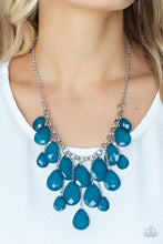 Load image into Gallery viewer, Varying in size, an opaque collection of faceted blue teardrops trickle along a chunky silver chain. Infused with dainty silver chains, additional teardrop beads swing from the effervescent fringe at varying lengths for a glamorous finish. Features an adjustable clasp closure.
