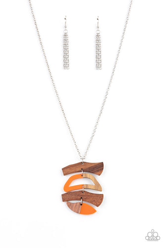 Featuring orange acrylic accents, mismatched wooden frames delicately link into an abstract pendant at the bottom of a lengthened silver chain for an earthy fashion. Features an adjustable clasp closure